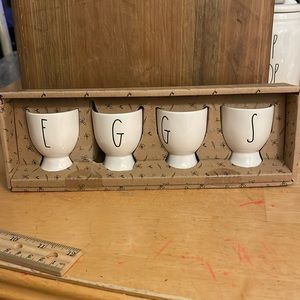 4 Rae Dunn Eggs Cups Magenta Artisan Collection White with Black Lettering (3)